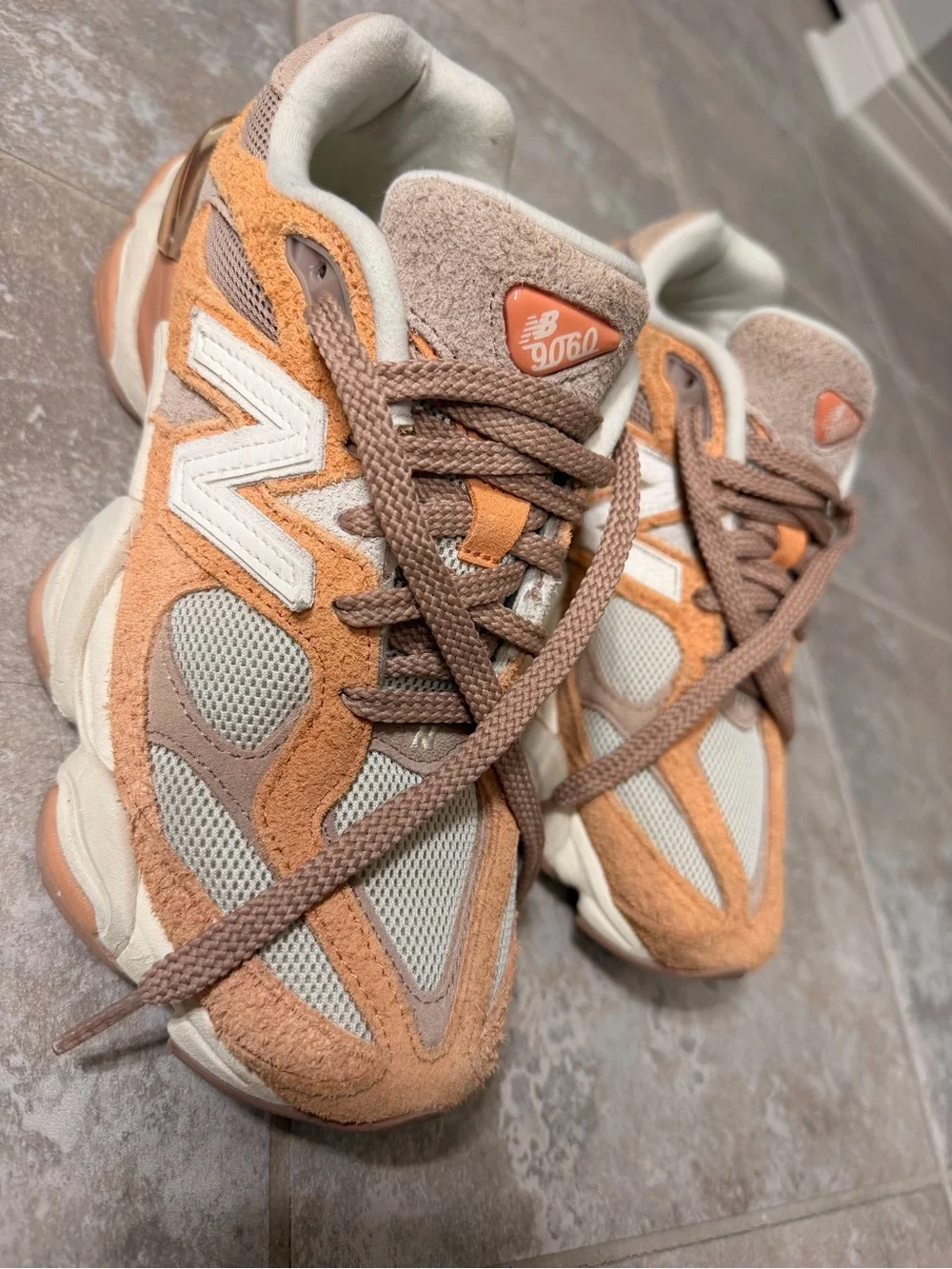 New Balance 9060 Tan and Orange Suede Mesh Athletic Sneakers